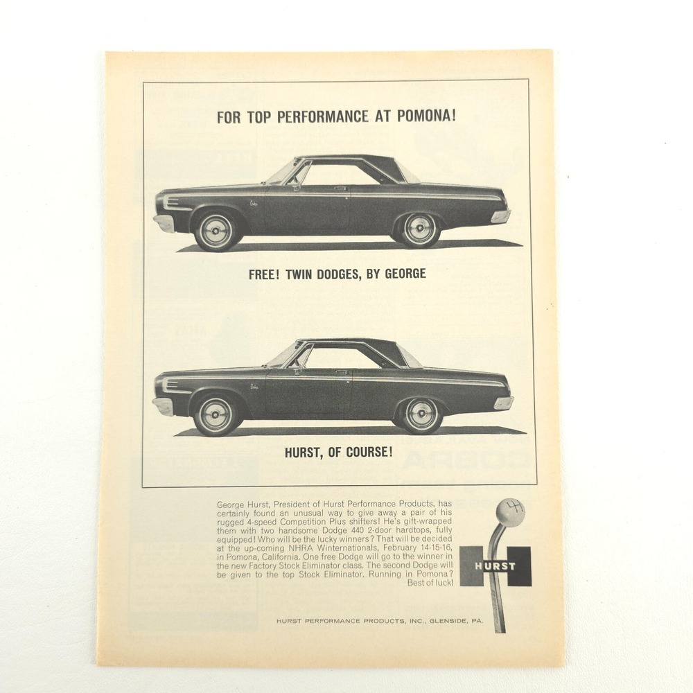 HURST Dodge 426 Twin Giveaway Print Ad Vintage NHRA Racing Promo Art Garage Wall